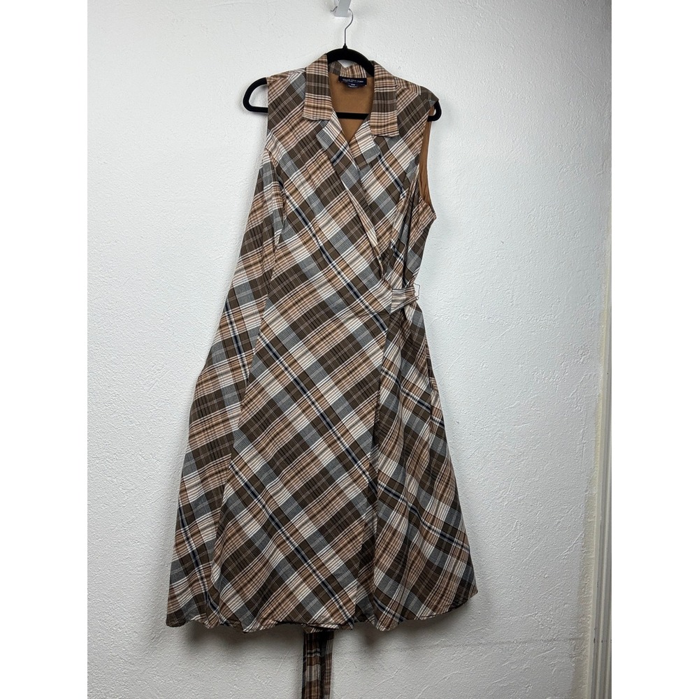 Jones New York Brown Plaid Wrap Dress - 18W- Cotton Sleeveless Preppy Academia